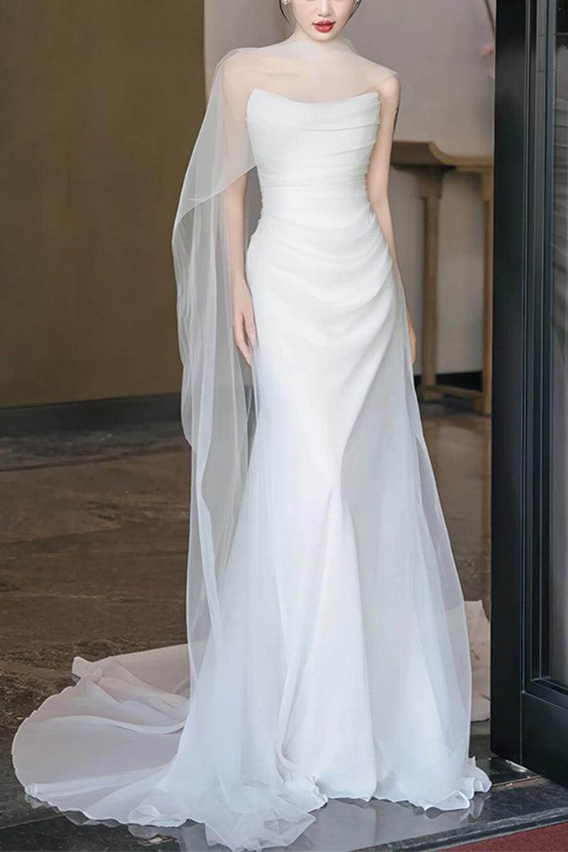 Sheath-Column Chapel Train Forged Chiffon Wedding Dress 830154757527 - COCOMELODY